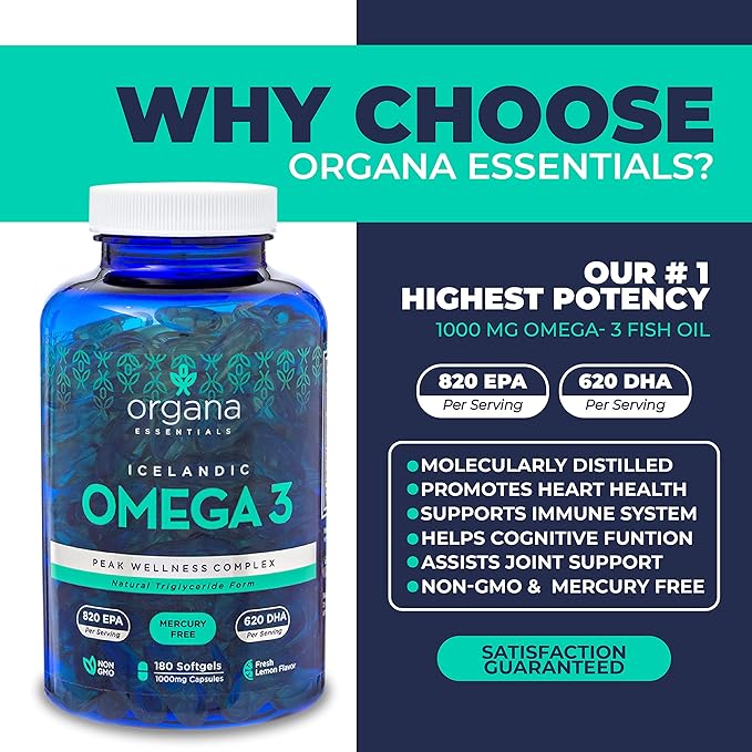 Omega 3 Fish Oil 2,000 mg - High EPA 820 mg + DHA 620 mg - 180 Triple Strength Burpless Lemon Flavored Softgels
