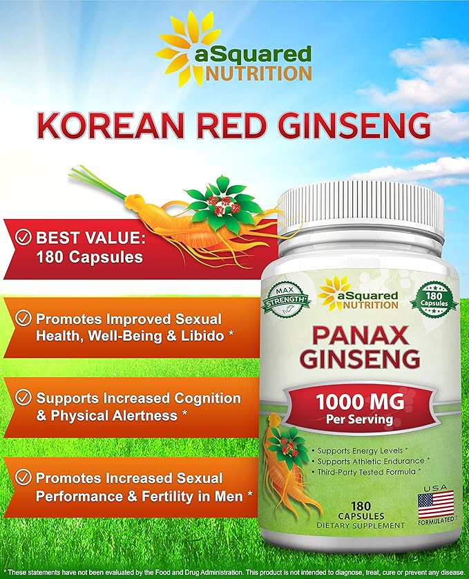 aSquared Nutrition Red Korean Panax Ginseng (1000mg Max Strength) 180 Capsules Root Extract Complex, Asian Powder Supplement, High Dosage Ginsenosides in Seeds, Tablet Pills for Women & Men-Sex Health
