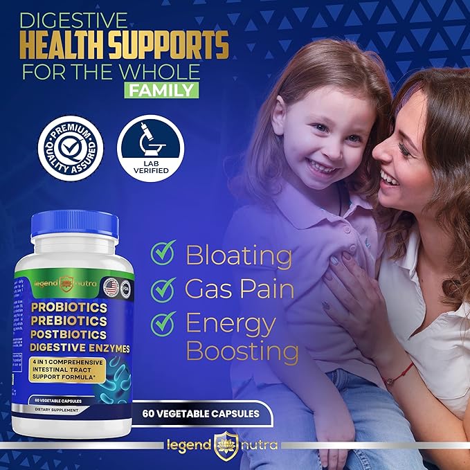 Probiotics + Prebiotics Postbiotics Digestive Enzymes = 4 in 1 Formula Supplement for Better Digestion Health Women, Men and Gut, 2-Pack, 120 Count