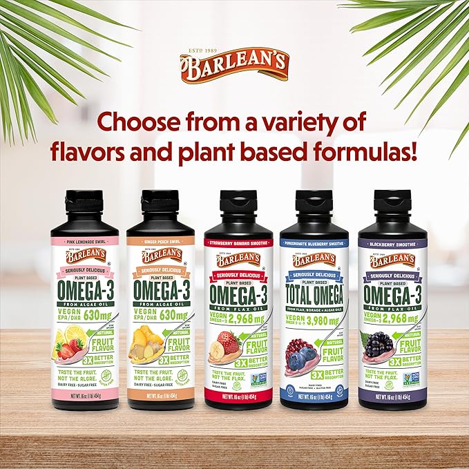 Barlean's Pink Lemonade Vegan Omega 3 Supplement, Liquid Algae Oil with 630 mg EPA & DHA, Plant Based Omegas from Algal Oil, Non-GMO & Gluten Free, 16 oz