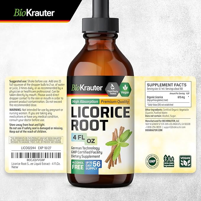 BIO KRAUTER Licorice Root Tincture - Licorice Root Extract for Digestive Support - Alcohol and Sugar Free - Vegan Drops 4 Fl.Oz.