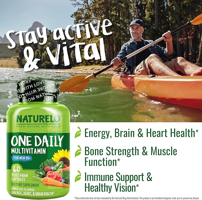 NATURELO Mens Multivitamins for Men 50+ - One Daily Multivitamin for Men with Vitamins, Minerals & Organic Whole Foods, Boost Energy & Health, Non-GMO, 60 Vegetarian Capsules