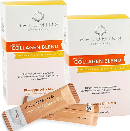 Relumins Marine Collagen Powder Drink Mix - Collagen Peptide with Glutathione, Green Tea, CoQ10, & Hyaluronic Acid Boosts Smooth Glowing Skin - 20 Powder Sachets x Pineapple Flavored + 2 Free Sachets