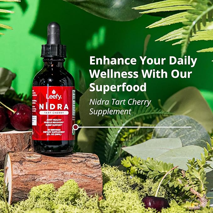 Leefy Organics Tart Cherry Supplement Nidra - Fast Absorbing, Non-GMO, Gluten-Free - Promotes Recovery, Joint Support, Sleep & Circulation for Adults - 2 Oz