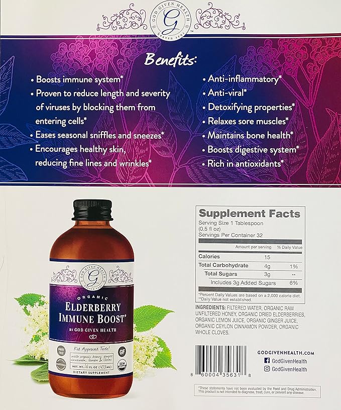 Elderberry Immune Boost - 16oz - Pure Elderberry Syrup for Immune Support - Organic, Non-GMO, Gluten-Free