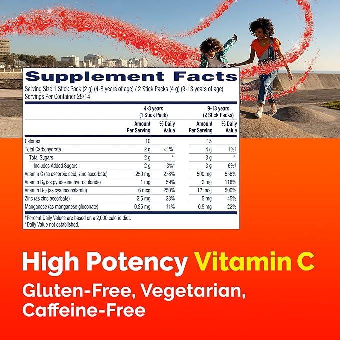 Emergen-C Kidz Crystals, On-the-Go Emergen-C Immune Support Supplement with Vitamin C, B Vitamins, Zinc and Manganese, Sparkly Strawberry - 56 Stick Packs