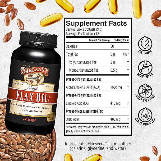 Barlean's Flaxseed Oil Softgels, Cold-Pressed Flax Seed Supplement with 1,650 mg ALA Omega-3 Fatty Acids, 1000mg, 250 ct