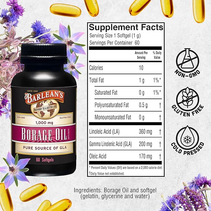 Barlean's Borage Oil Capsules, 1000mg Cold Pressed Pure Borage Seed Oil GLA Supplement, Omega 6 for Healthy Skin Joints and Bones and Brain Function, Non-GMO and PA Safe, 60 Count