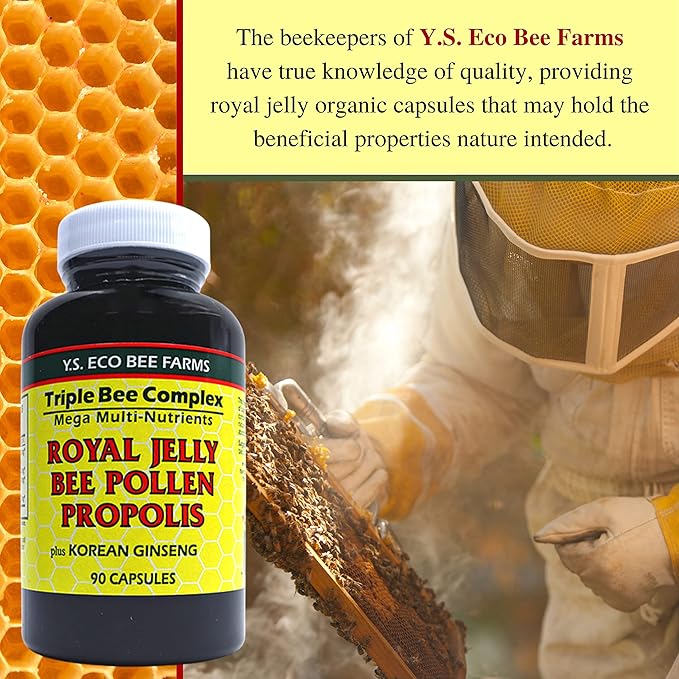 Worldwide Nutrition Y.S. Eco Bee Farms Triple Bee Complex Royal Jelly Bee Pollen Propolis with Korean Ginseng - Health and Wellness Organic Bee Pollen Supplement - 90 Ct w/Multi Purpose Key Chain