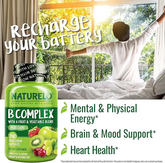 NATURELO Vitamin B Complex with Methyl B12, Methyl Folate, Vitamin B6, Biotin Plus Choline, CoQ10, and Fruit & Vegetable Blend - Supports Energy & Healthy Stress Response - Vegan - 240 Capsules
