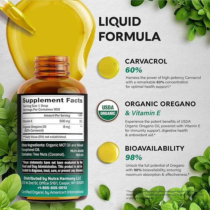 USDA Organic Oil of Oregano - Liquid Drops with Vitamin E - Made in USA - Supplement for Immune Support, Digestion Health & Antioxidant - Non-GMO, Natural, Vegan - As Pills, Capsules, Softgels 1 fl oz