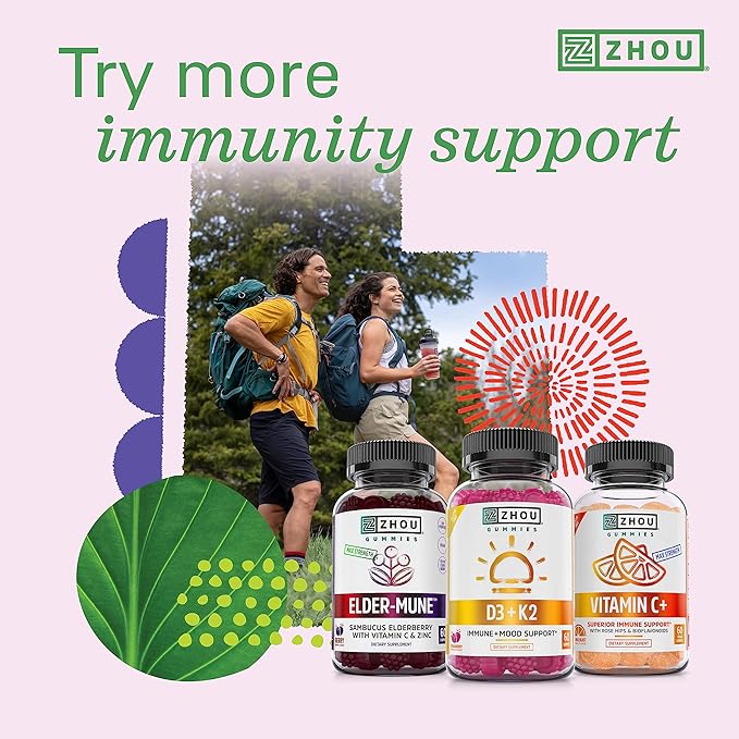 Zhou D3+K2 - Vitamin D3 K2 Supplement for Women & Men, Immune Support Vit D3 and K2 Supplements, Pure Vegetarian Formula with 5000 IU of D3 and MK-7 - 60 Veggie Capsules (Pack of 1)