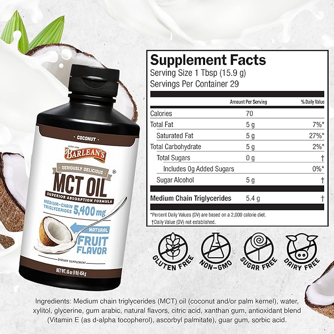 Barlean's MCT Oil Supplement, Coconut Flavored for Keto Coffee, Emulsified Creamy Liquid Syrup with 5,400mg Plant-Based MCT's to Support Energy, Focus and Wellness, 16 oz