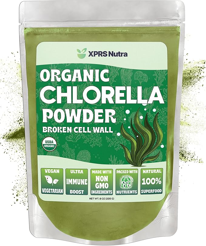XPRS Nutra Organic Chlorella Powder - Broken Cell Wall Chlorophyll Powder - Chlorella Organic Powder for Immunity - Vegan Friendly Chlorella Powder Organic for Complete Protein (8 Ounce)
