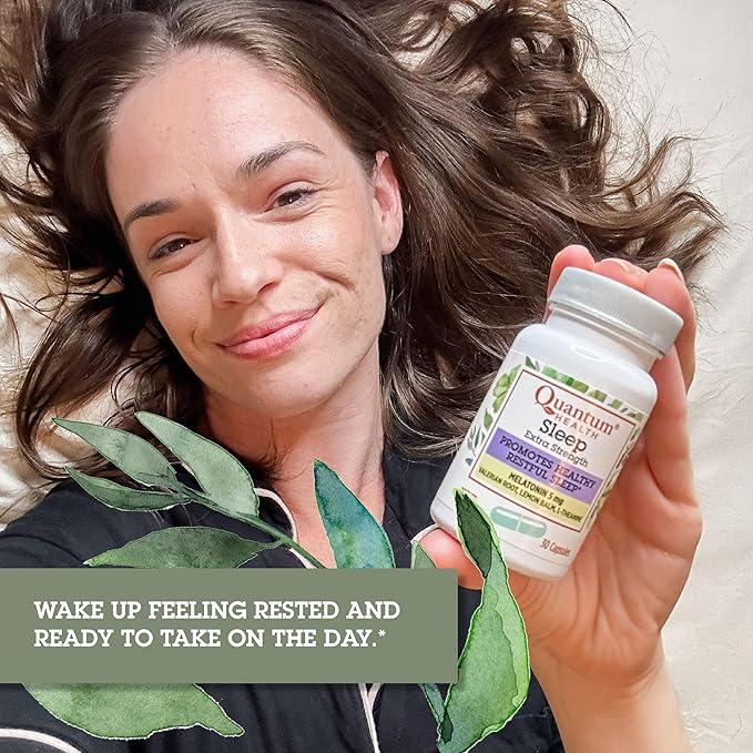 Quantum Health Extra Strength Sleep Melatonin 5mg Healthy Restful Sleep Support with Relaxing Valerian Root & L Theanine Daily Mind & Body Well Being for Women & Men - 30 Capsules