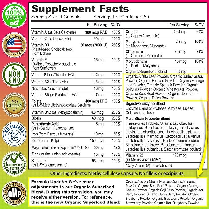 Women's Daily Multivitamin with Iron - Vegan Methylated Multivitamin for Women with Biotin, Organic Superfoods, Probiotics, B-Complex - Energy, Gut & Optimal Health Support – Easy to Swallow Capsules