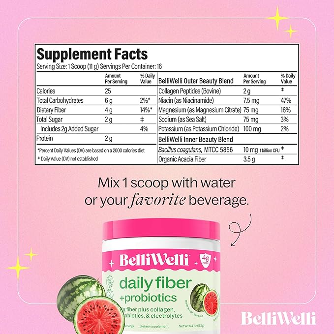 Fiber Supplement for Women & Men – Premium Daily Fiber Powder from Organic Acacia with Added Collagen, Electrolytes & Probiotics – No Bloat, Constipation & Gut Health Support (Watermelon)