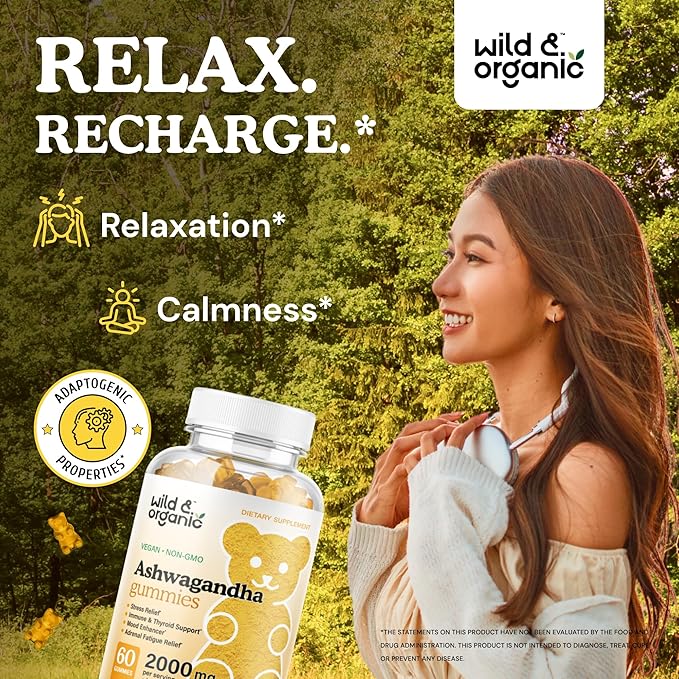 Wild & Organic Ashwagandha Gummies 2000mg - Mood Support Supplement w/Ashwagandha Root Extra Strength - Natural Calm Supplements Gummies - 60 Vegan, Non-GMO Chews