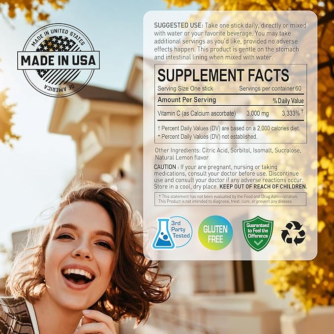 Pure Buffered Vitamin C 3000 mg per Serving, Dietary Supplement for Immune Support - 60 Sticks x 1 Box, 2 Months Supply (60 Count)