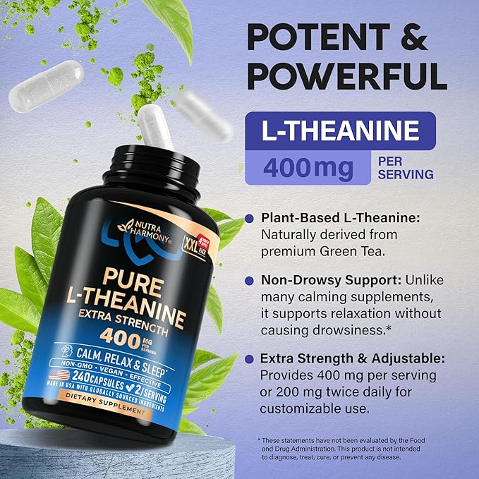 L Theanine 400 mg | L-Theanine Stress Relief | Extra Strength Supplement | Made in USA | Relaxation, Sleep & Calm Support | For Men & Women | Plant Based, Non-GMO & Gluten-Free | 240 Vegan Capsules