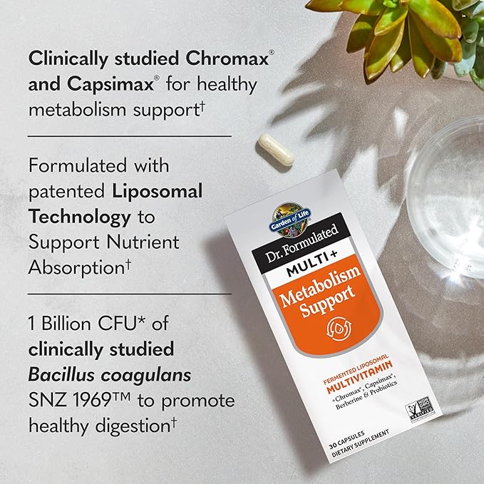 Garden of Life Dr. Formulated Multi+ Metabolism Support - Fermented Liposomal Multivitamin + Chromax, Capsimax, Berberine & Probiotics - 30 Capsules