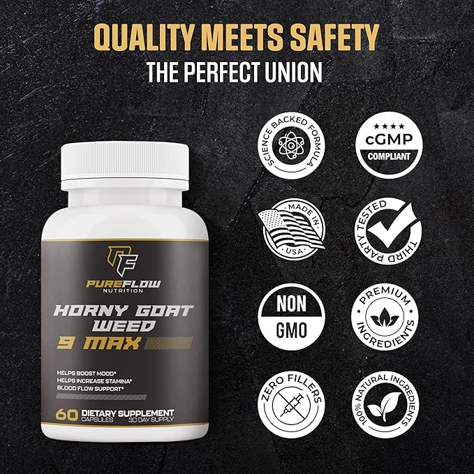 PureFlow 9 in 1 Horny Goat Weed MAX | Fully Dosed Men's Performance Supplement | Pills for Men Fast Acting Blood Flow | 9 Ultra Ingredients for Fast Results/Science Backed - 60 Capsules