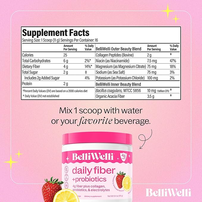 Fiber Supplement for Women & Men – Premium Daily Fiber Powder from Organic Acacia with Added Collagen, Electrolytes & Probiotics – No Bloat, Constipation & Gut Health Support (Strawberry)