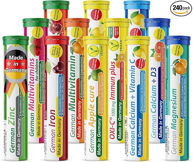 T&D German Vitamin, Minerals - 240 Vegan/Vegetarian Drink Effervescent Tablets - Mixed Fruit Flavor Box - Made in Germany