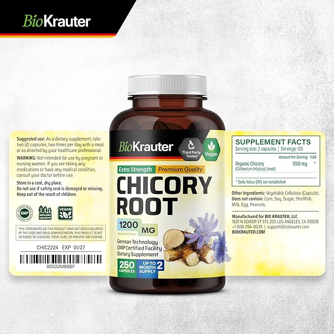 BIO KRAUTER Chicory Fiber Supplement - 1200 mg Strength - 250 Count - Chicory Root Powder - Inulin Capsules for Digestive Support - Vegan