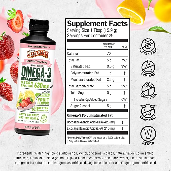 Barlean's Pink Lemonade Vegan Omega 3 Supplement, Liquid Algae Oil with 630 mg EPA & DHA, Plant Based Omegas from Algal Oil, Non-GMO & Gluten Free, 16 oz
