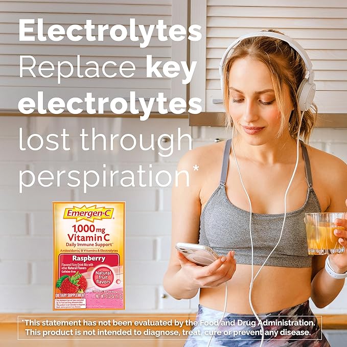Emergen-C 1000mg Vitamin C Powder, with Antioxidants, B Vitamins and Electrolytes, Vitamin C Supplements for Immune Support, Caffeine Free Drink Mix, Raspberry Flavor - 60 Count/2 Month Supply