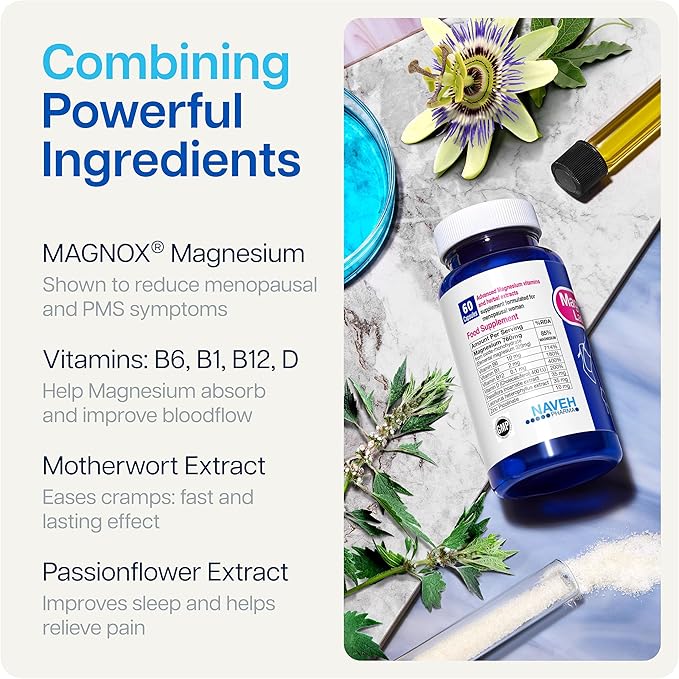 MAGNOX Lady Magnesium Supplement | Menopause and PMS Support Supplement for Women | Magnesium Complex with Vitamins B6, B1, B12, D, Zinc | High-Absorption Dead Sea Organic | 60 Capsules
