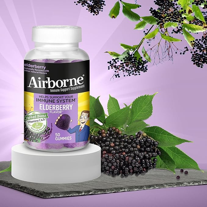 Airborne Elderberry + Zinc & Vitamin C Gummies For Adults, Immune Support Vitamin D & Zinc Gummies With Powerful Antioxidant Vitamins C D & E - 50 Gummies, Elderberry Flavor