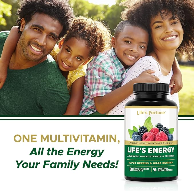 Life's Fortune Life's Energy Advanced Multi-Vitamin and Mineral for Men & Women, Non-GMO - Super Greens - ORAC Berries - AntiOxidants - Enzymes - Iron Free - GMP Tested, 60 Veggie Tablets