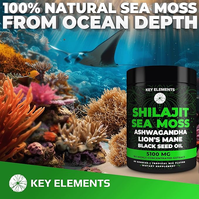 Organic Shilajit Gummies with Sea Moss Gummies - Shilajit Supplement for Immune Support - Pure Himalayan Shilajit and Ashwagandha with Sea Moss and Shilajit, Lion’s Mane Extract and Black Seed Oil