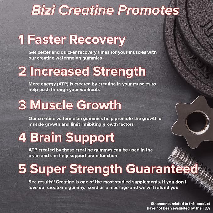 Bizi Creatine Watermelon Gummies for Men & Women, Creatine Monohydrate Gummies, Watermelon Flavor Creatine Gummy, Workout, Muscle Growth, & Recovery Supplement, Vegan & Gluten Free (60 ct)