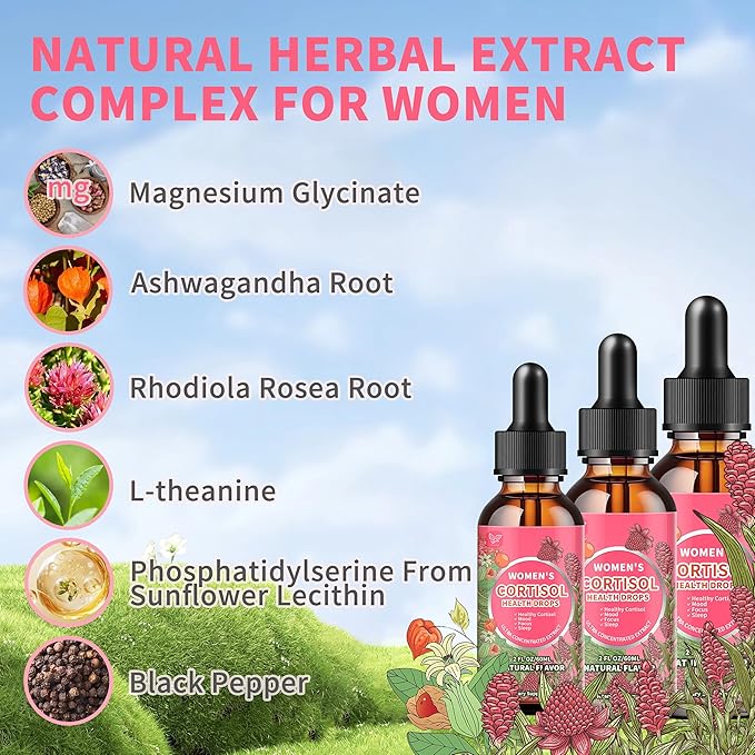 Cortisol Supplements for Women Liquid Drops,Cortisol Manager with Ashwagandha,L-theanine,Phosphatidylserine,Rhodiola Rosea for Mood Support,Adrenal Balance,Sleep,Vegan,Natural Flavor,6 Fl Oz