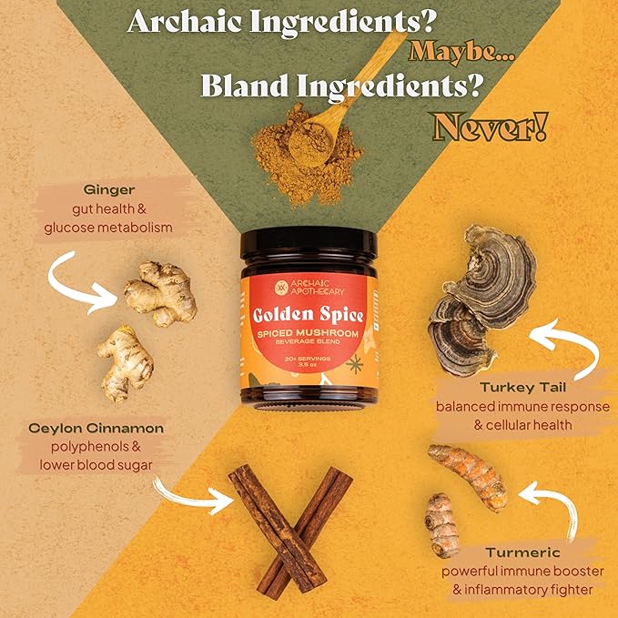 Golden Spice - Mushroom Golden Milk, Heirloom Turmeric Latte Spice Blend | Ashwagandha & Turkey Tail Adaptogens | Caffeine-Free Rooibos Matcha | No Milk or Sweetener Fillers