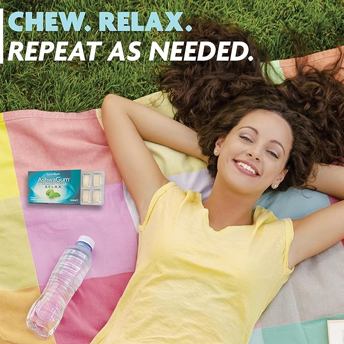 AshwaGum RELAX Gum by BetterGum, High Potency Supplement with KSM 66 Ashwagandha and Gaba, Supports Stress and Tension Relief, Alternative to Gummies, Sugar-Free, 10 Pieces - 6 Pack
