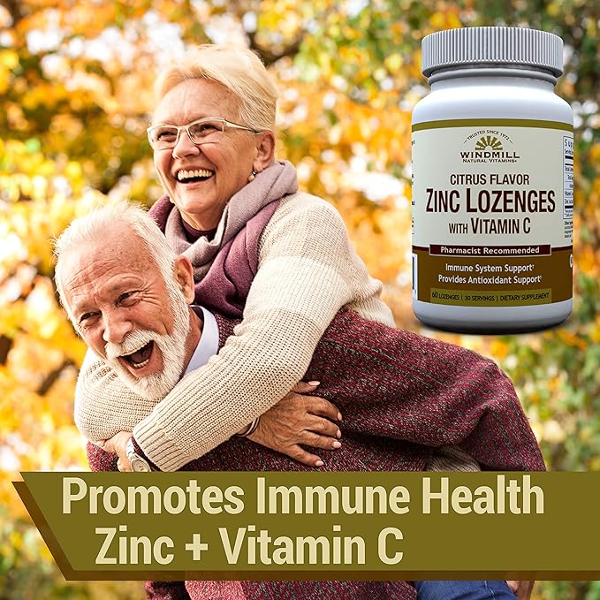 Windmill Health Natural Vitamins Zinc Lozenges with Vitamin C Honey Lemon Flavor, Immune System Support, Provides Antioxidant Support, Delicious & Fast Acting, 60 Lozenges, 30 Servings.