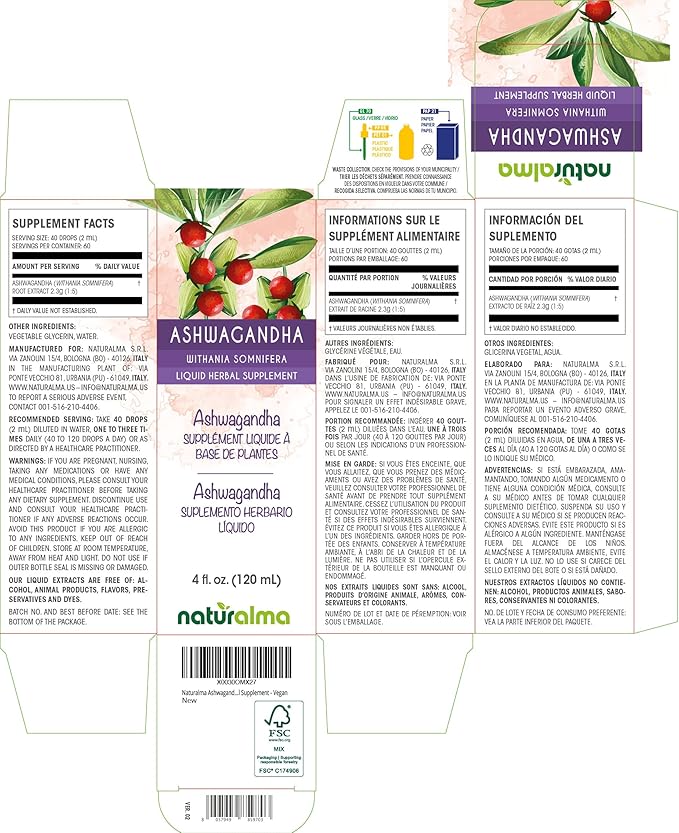 Naturalma Ashwagandha (Withania somnifera) Root Alcohol-Free Tincture - 4 fl oz Liquid Extract in Drops - Herbal Supplement - Vegan