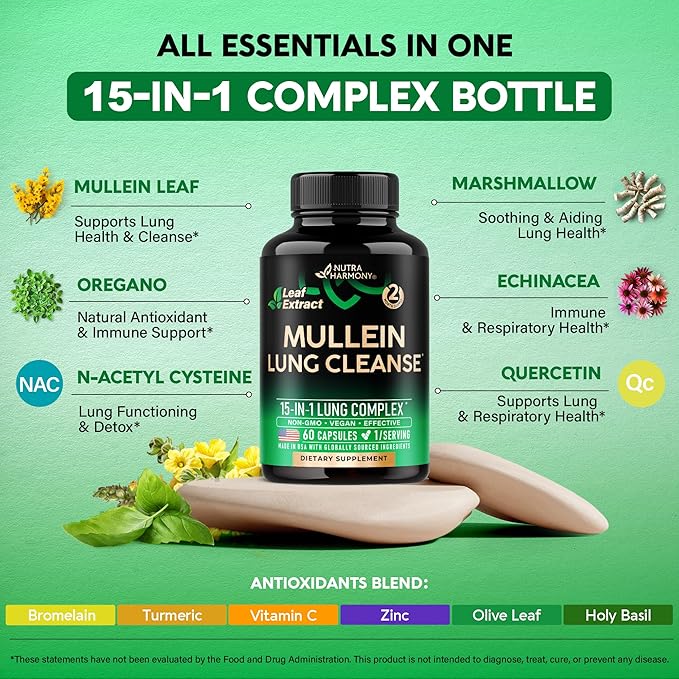 Mullein Leaf Extract for Lung Detox - Marshmallow Root | Echinacea | Oregano | Quercetin | NAC - 15-in-1 Lung Support & Cleanse for Smokers Supplement - Made in USA - As Drops, Tincture - 60 Capsules