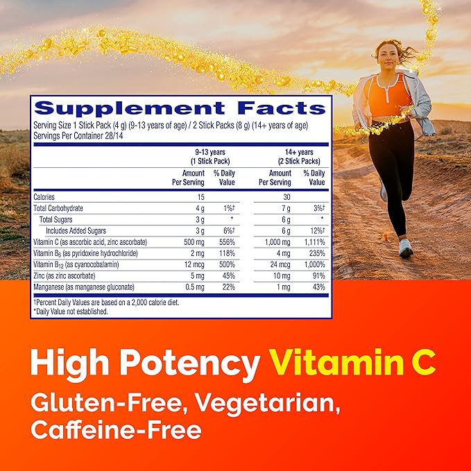Emergen-C Crystals, On-the-Go Emergen-C Immune Support Supplement with Vitamin C, B Vitamins, Zinc and Manganese, Orange Vitality - 56 Stick Packs