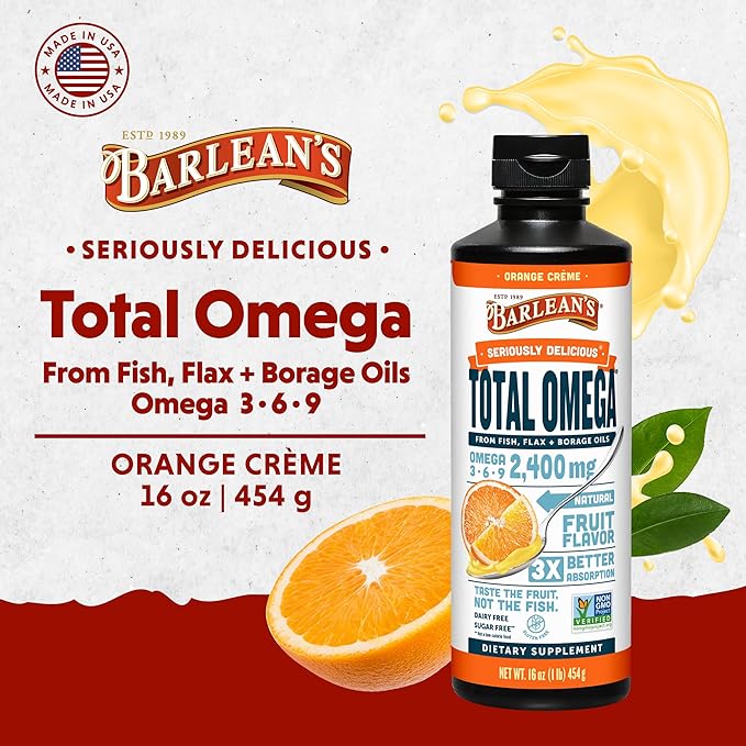 Barlean's Total Omega 3 Fish Oil Liquid Supplement, Orange Crème Flavored with Borage and Flaxseed Oils, 2,400 mg of Omegas 3 6 9 EPA and DHA Plus GLA, 16 oz