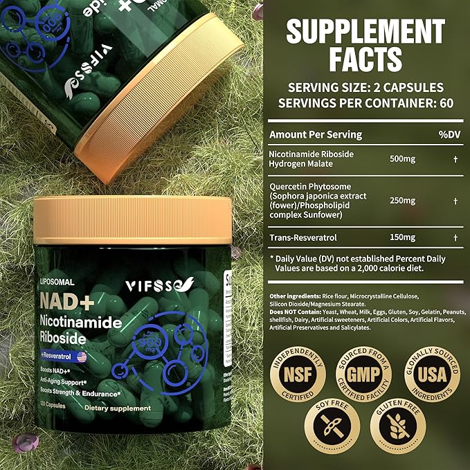NAD Supplement 900mg, Liposomal NAD+ Nicotinamide Riboside Supplement for Men and Women, Resveratrol, Quercetin High Efficiency Supports for Energy Booster, 120 Capsules