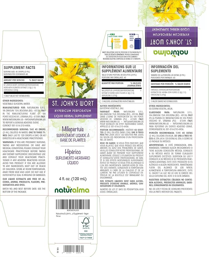 Naturalma St. John's Wort (Hypericum perforatum) herb with Flowers Alcohol-Free Tincture - 4 fl oz Liquid Extract in Drops - Herbal Supplement - Vegan