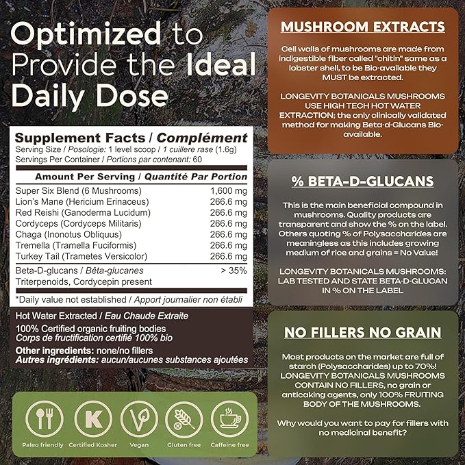 Longevity Botanicals Super Six Organic Mushroom Blend 100g | Reishi, Lion’s Mane, Chaga, Cordyceps, Tremella & Turkey Tail | Extract Powder Mix | 10:1 Ratio | 100% Fruiting Bodies | Mushroom Complex