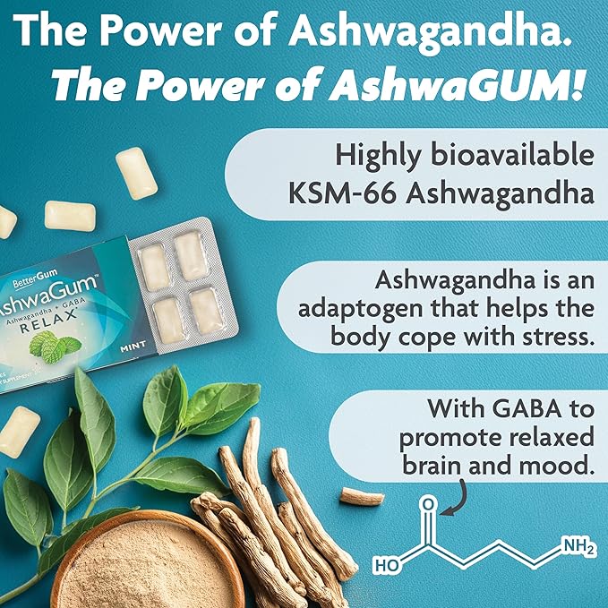 AshwaGum RELAX Gum by BetterGum, High Potency Supplement with KSM 66 Ashwagandha and Gaba, Supports Stress and Tension Relief, Alternative to Gummies, Sugar-Free, 10 Pieces - 6 Pack