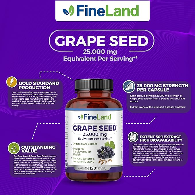 FineLand Grape Seed 50:1 Extract, Premium Max Strength, 25,000 mg Eq., Antioxidant Powerhouse, Heart Support, Immune Support, Grape Seed Extract Capsules 120, 4 Month Supply, 100% Vegan, All Natural