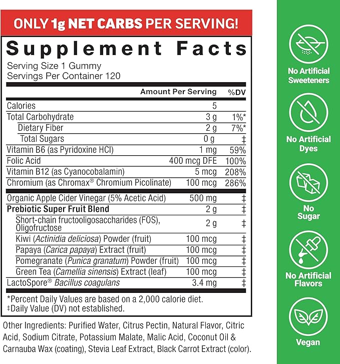Force Factor ProbioSlim Keto ACV Gummies, Organic Apple Cider Vinegar Gummies with LactoSpore Probiotics & Prebiotics to Support Digestion, Metabolism, & Immune Health, 1 Net Carb, Apple Flavor, 360ct